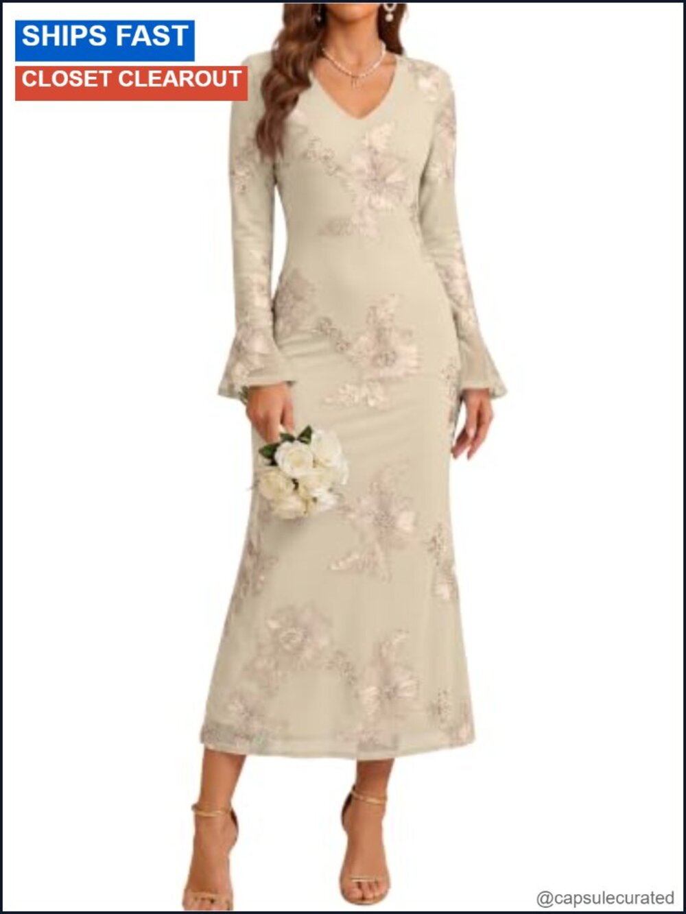 Women Mesh Floral Bodycon Midi Dress Bell Long Sleeve Wedding Guest